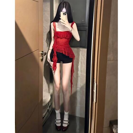 [20 pieces of free shipping] Spice Girl Design Sense Ruffled Ribbon Mesh Camisole Irregular Sleeveless Top