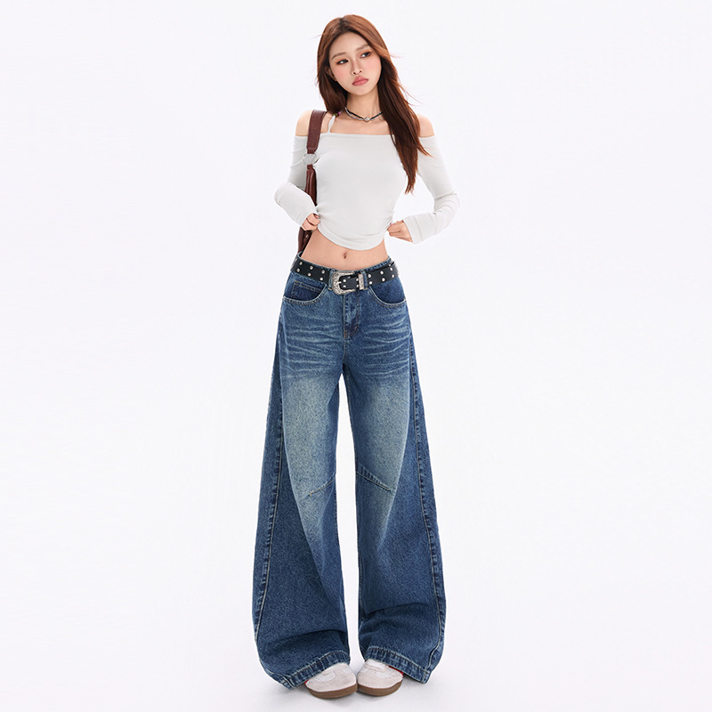 American Retro Curved Scimitar Balloon Jeans Women's Blue Trousers Blue Extended Denim Cotton Mid-Pants Pattern
