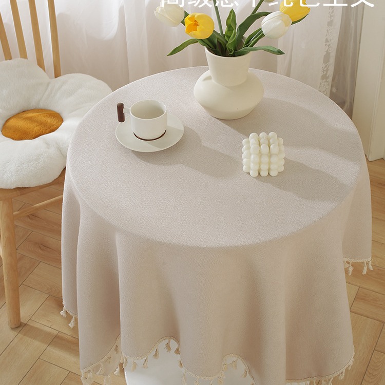Solid Color Cotton Linen Fabric Fresh Style Tablecloth Tassel Decoration Small Round Table Cloth Coffee Table Desk Rectangular Tablecloth