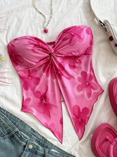 Топ babydoll, розово-красный с цветочным принтом, женский для ранней осени, XS–XL
