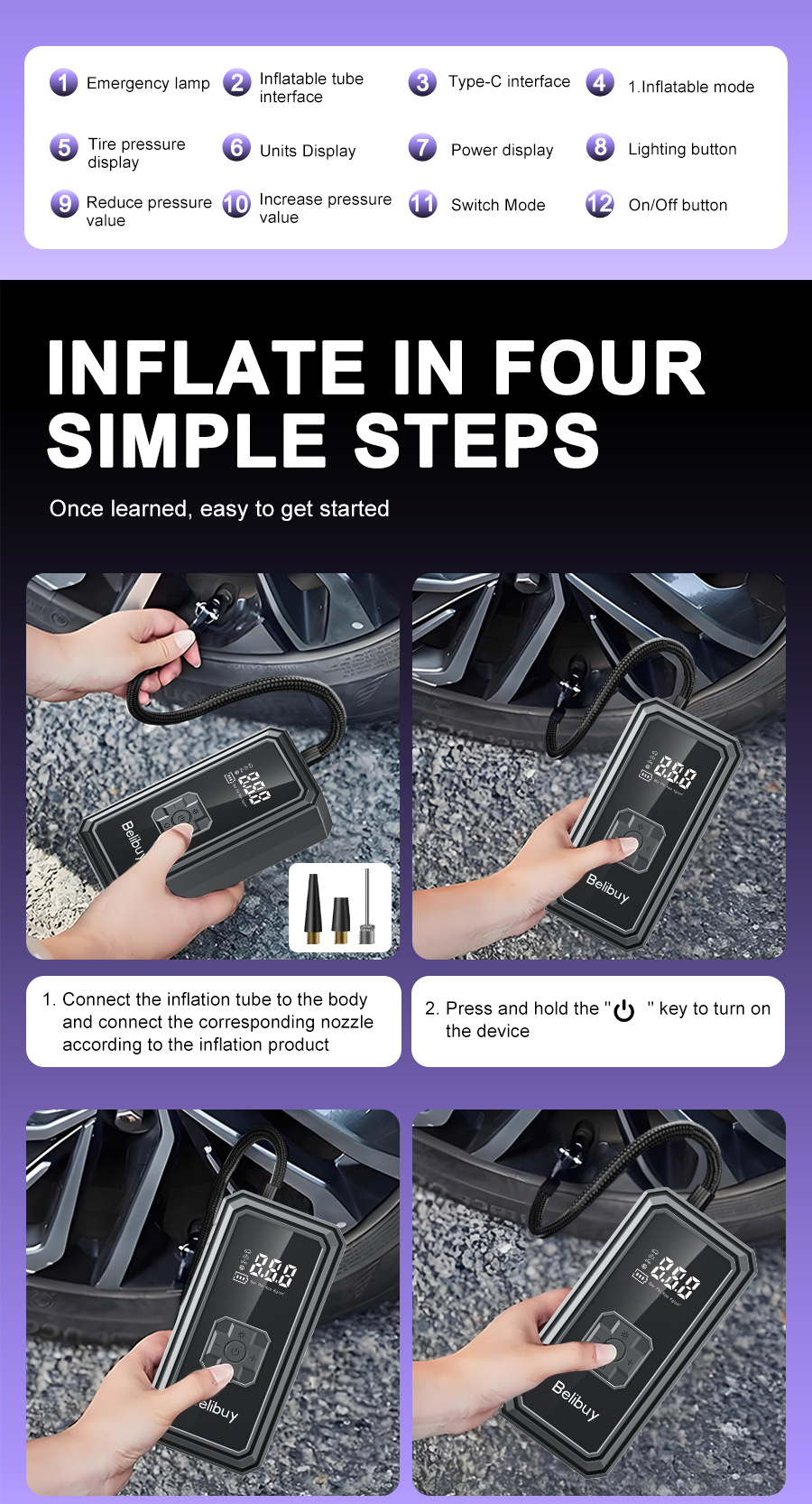 Car Air Pump Small Car Air Pump Electric Portable with Lighting Digital Display Inflatable Pump Electric Air Pump