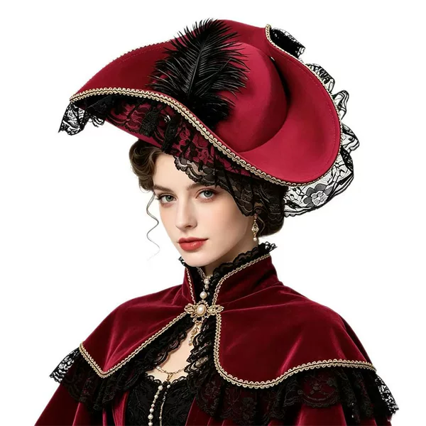 Halloween Lace Feather Pirate Hat Vintage Court Style Triangular Hat Musketeer Pirate Top Hat Jack Sparrow