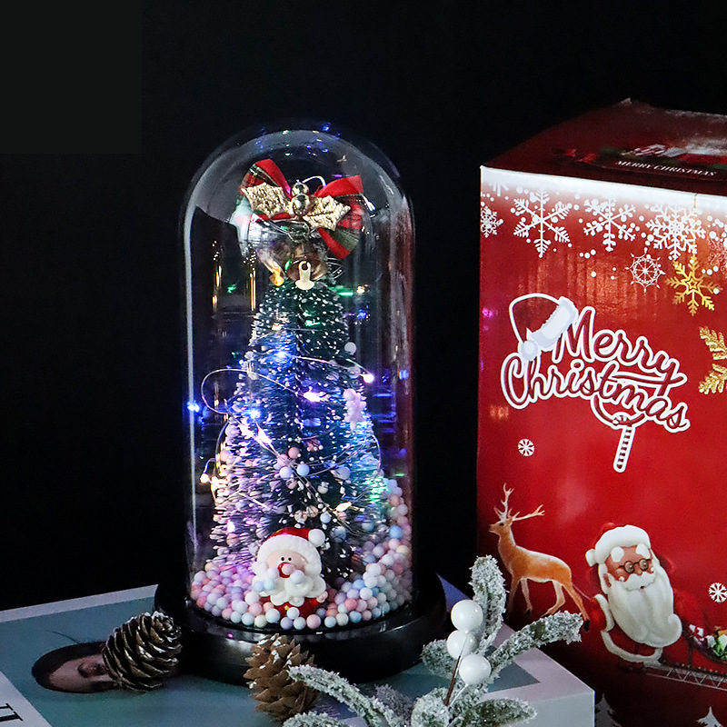 Lámpara de cristal con flores preservadas, rosa artificial brillante, árbol de Navidad, día de San Valentín, Papá Noel, reno, adorno navideño creativo