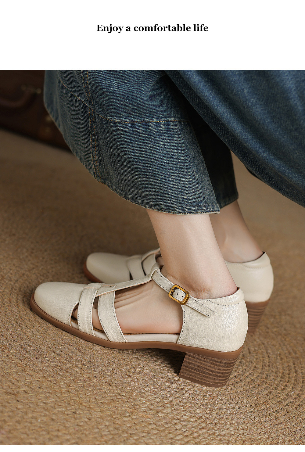 Sandal nữ quai ngang da cừu kiểu La Mã đế dày khoét lỗ dệt — Màu trắng nhạt chi tiết 10