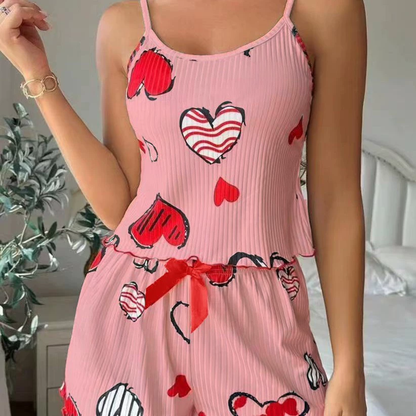 knitted summer shorts pajama set (women), ribbed, heart print, lifting effect, S–XL