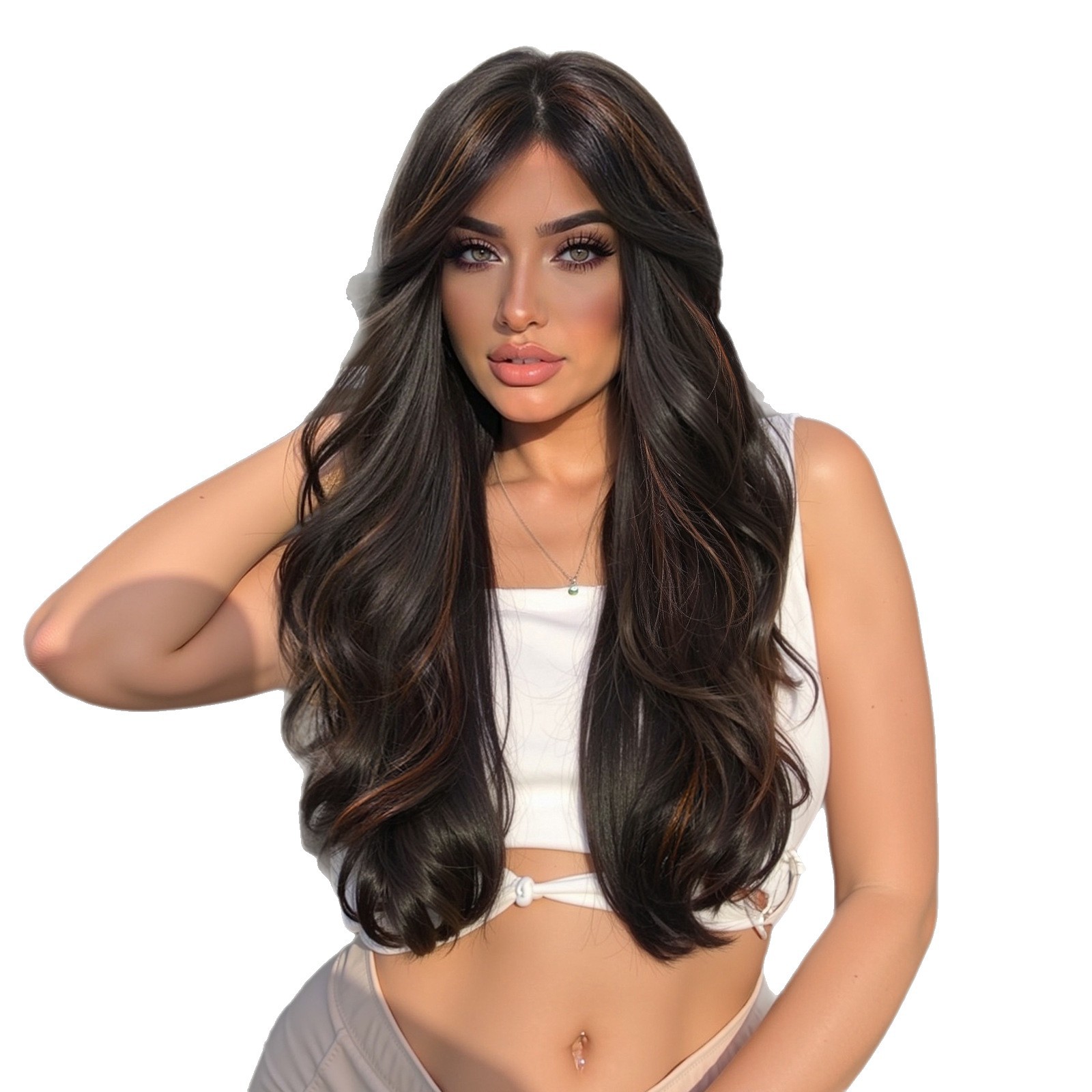 Nuevo estilo transfronterizo de peluca de fibra química, cubierta de cabeza completa para mujer, flequillo de ocho caracteres, negro y marrón, temperamento de pelo largo y rizado, diosa wigs