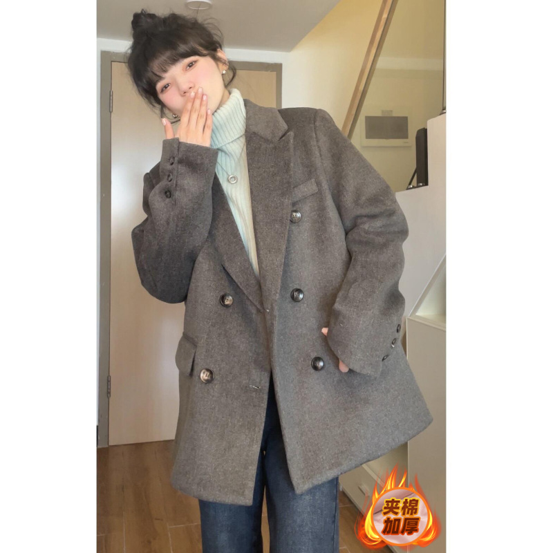 觅定灰色毛呢大衣正肩外套女冬季高级感长款西装呢子黑色小个子|undefined