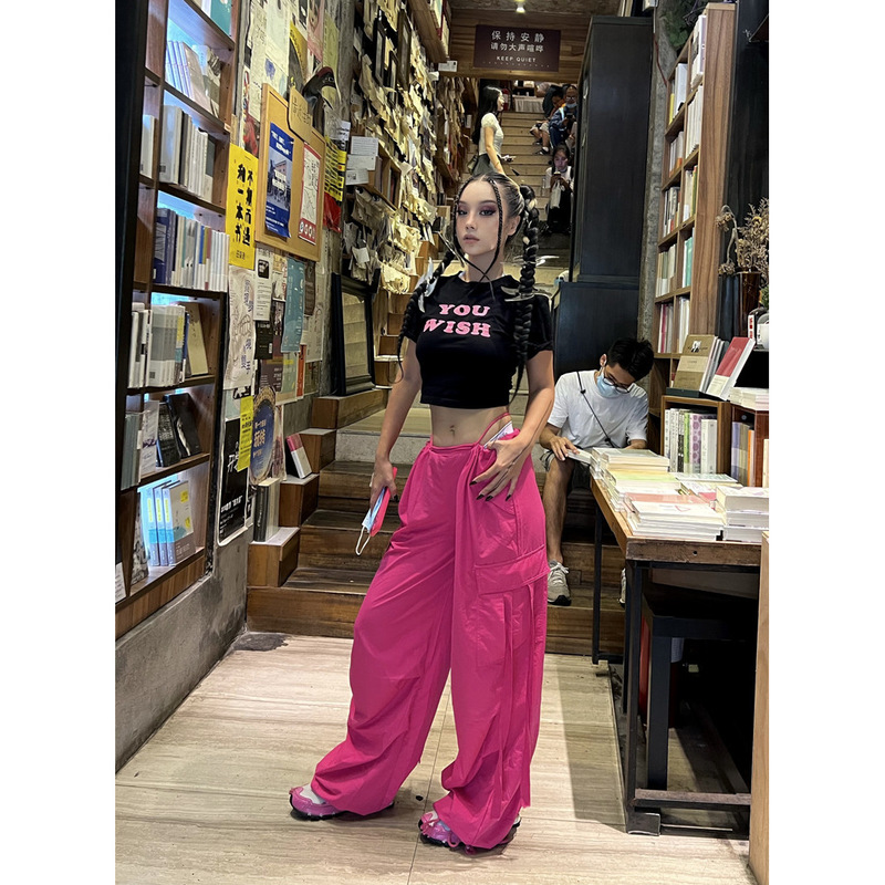 Hot Girl Sweet and Spicy American-Style E-Girl Shibuya Chic mm Everyday Bella Pink Drawstring Cargo Pants