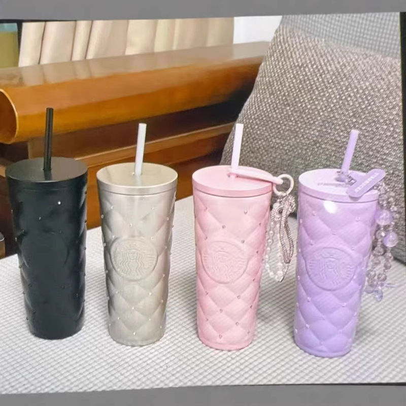 Star Daddy's New Diamond-Patterned Stainless Steel Straw Cup, Large-Capacity Water Cup, High-Looking Thermos Cup That Keeps Warm and Cold