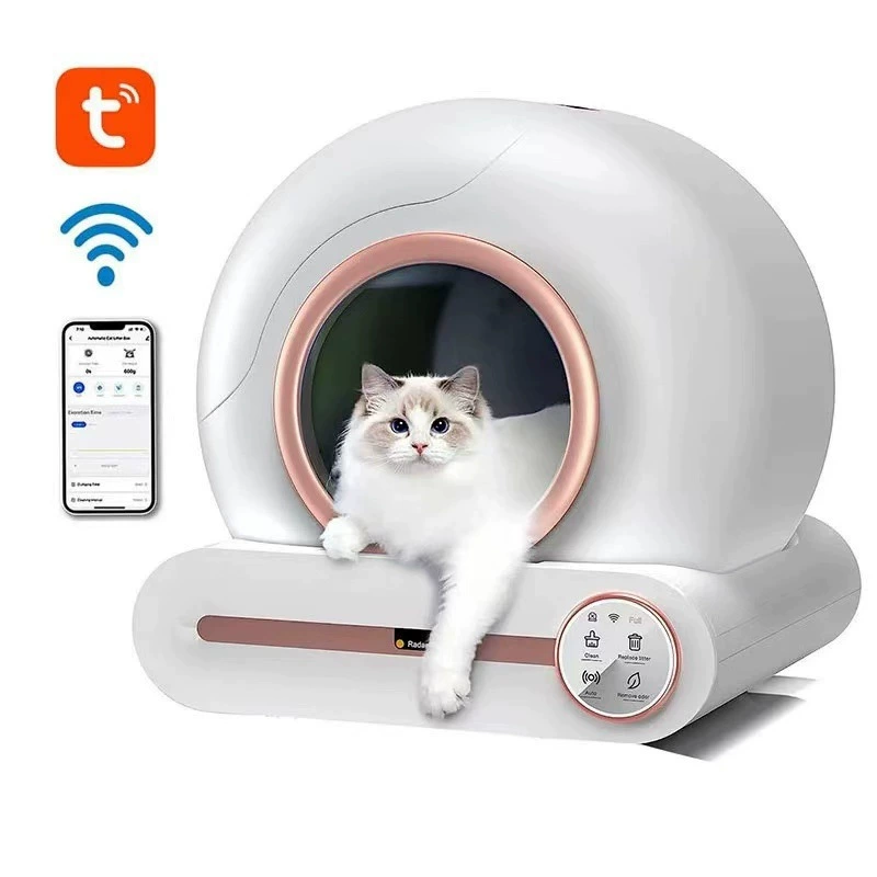 Автоматический туалет для кошек из розового золота с функцией самоочистки, дезодорации, большой вместимостью, управлением через приложение и датчиками.