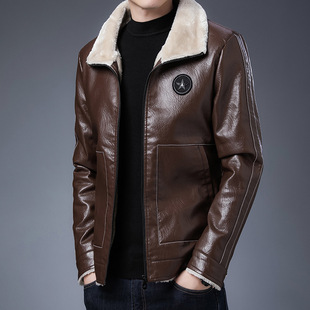 Men's Shearling Collar Leather Jacket with Fur Lining, Thickened and Plush, 2024 New Winter Lamb Wool Coat Trendy