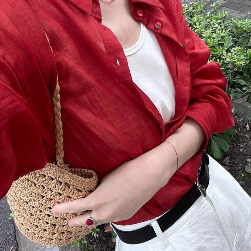 红色亚麻翻领晒衬衫女春秋薄款设计感衬衣小众长袖棉麻叠穿上衣|undefined