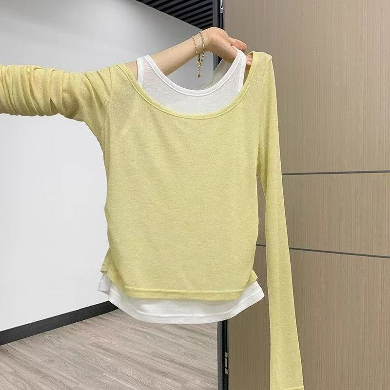 Creamy yellow fake two-piece contrast long-sleeved T-shirt 2025 spring slim inner vest top beautiful base coat