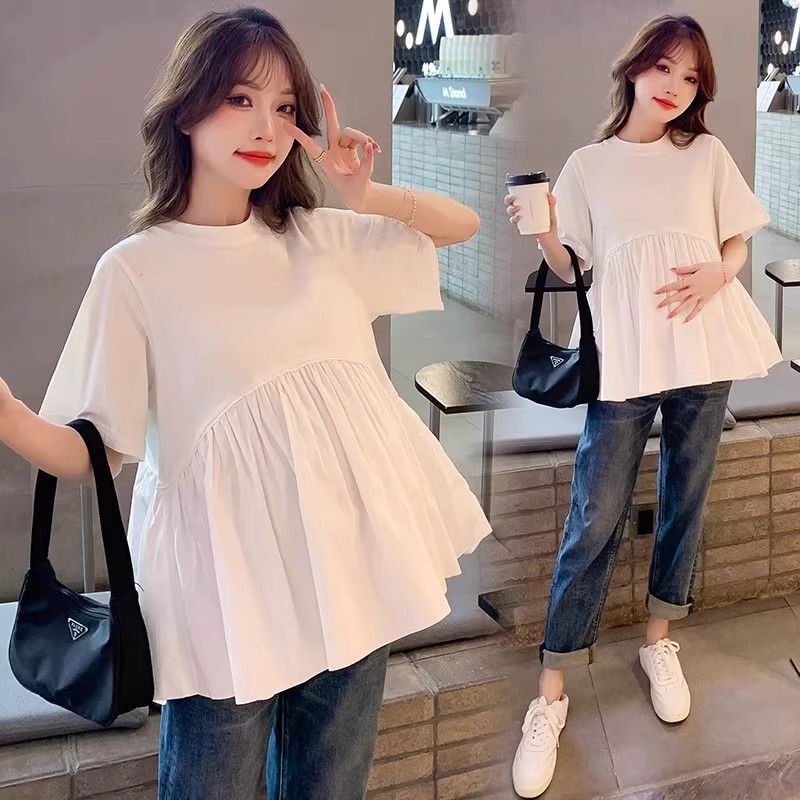 Maternity Short-Sleeved T-Shirt Summer Korean Style Loose Splicing White Shirt Elegant Belly-Covering Casual Baby Doll Top