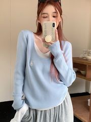 绝美蓝色假两件针织衫女装长袖v领秋季穿搭撞色毛衣别致漂亮上衣