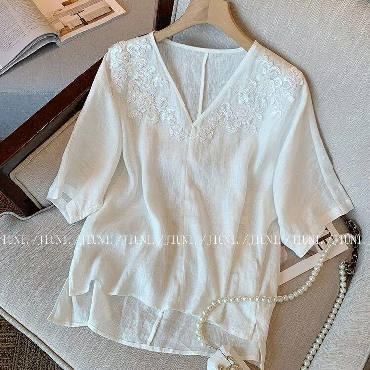 High-End Elegant Embroidered Design Short-Sleeve Shirt for Women, 2026 New Summer Loose-Fitting Artistic Chinese Style Top
