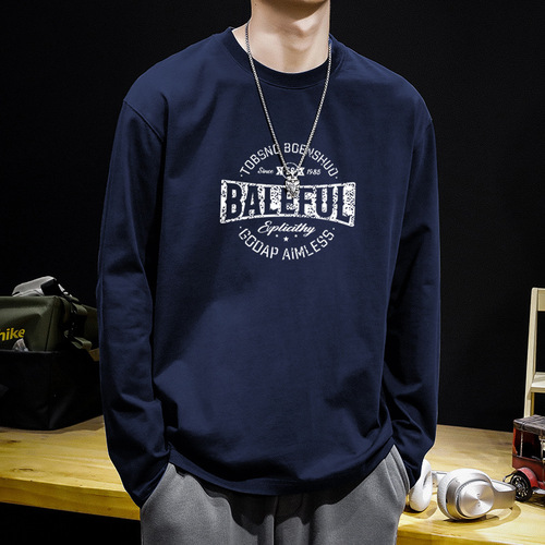 New Autumn Trend Men's Long-Sleeve T-Shirt for Youth, Pure Cotton Crew Neck, Loose Fit, Large Size, Streetwear Long Sleeve