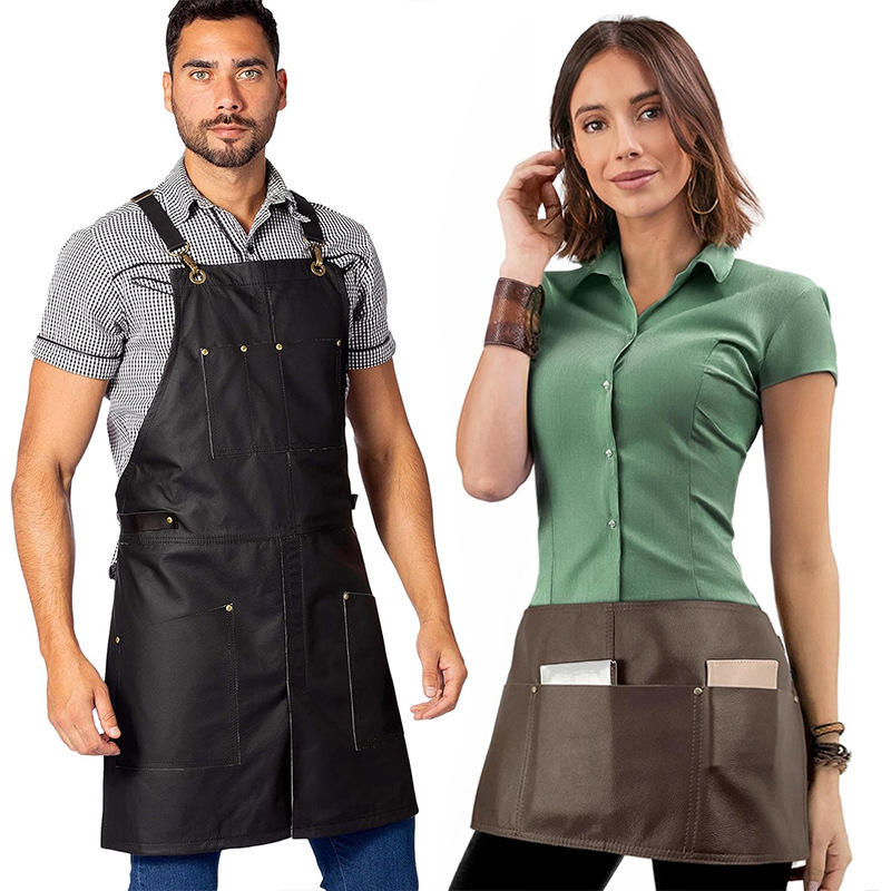 Delantal de piel de PU de Amazon transfronterizo, impermeable y a prueba de aceite, corte de pelo, ropa de trabajo, delantal de cocina para el hogar, personalizado al por mayor