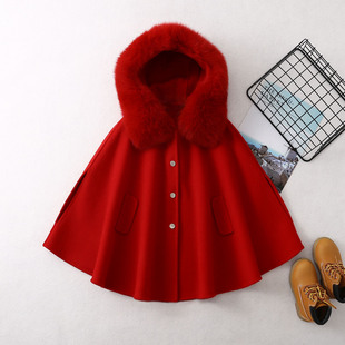 2025 New Autumn and Winter Girls' Double-Sided Woolen Outwear, Small and Medium-Sized Children's Woolen Shawl, Cloak Outwear, Fox Fur Collar