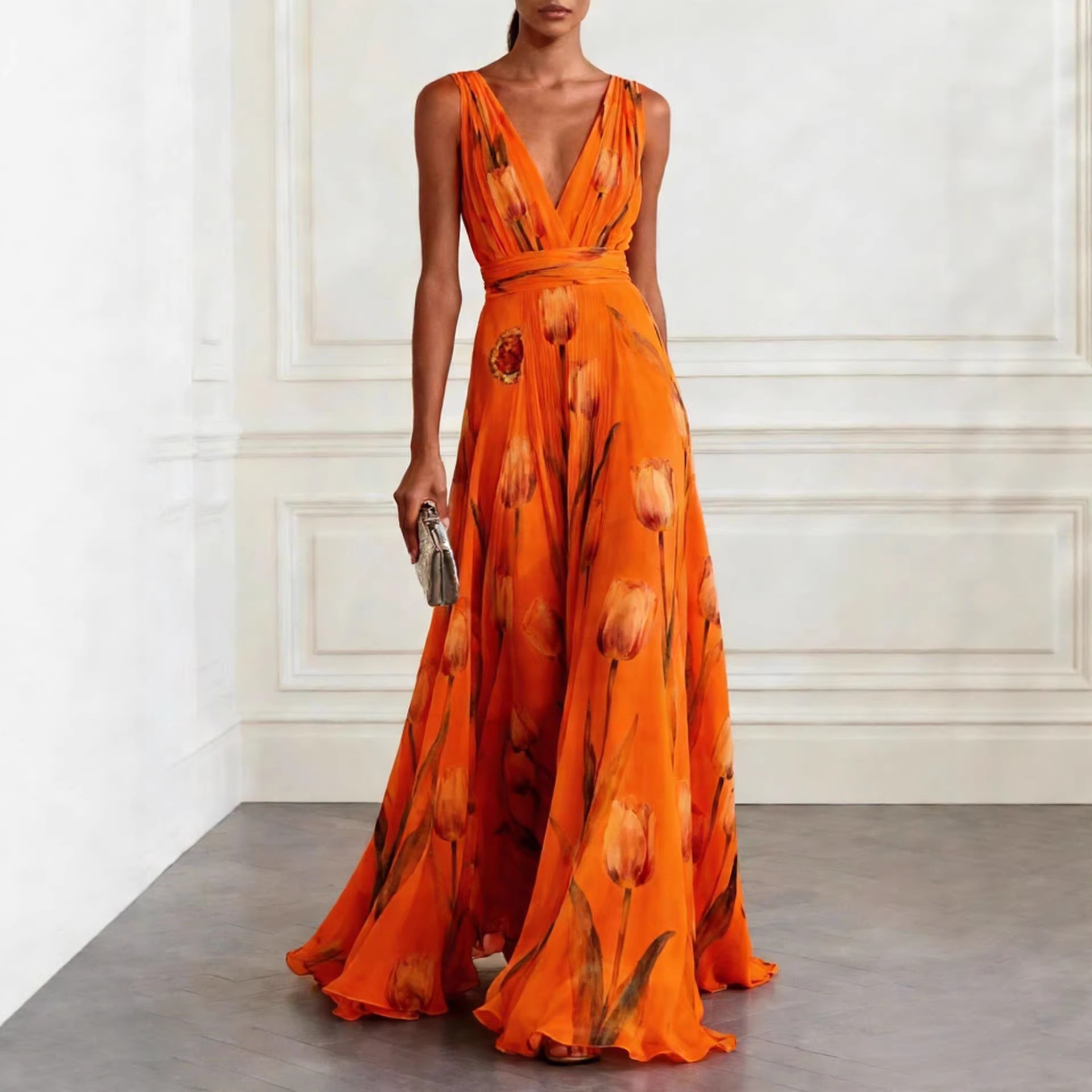 Tulip Printed Evening Dress Women's Sleeveless V-Neck Chiffon Dress_ecoleips.com