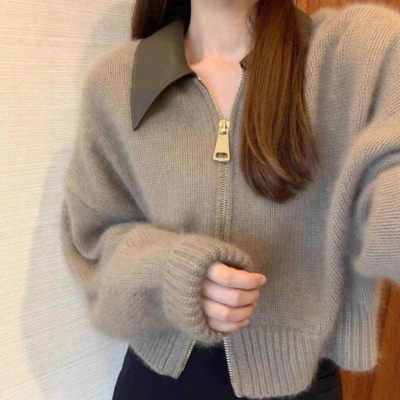 Plus-Size Fat Girl Design Spliced Leather Collar Double Zipper Knitwear Women's Autum Soft and Chic Retro Top Plus-Size Fat Girl Design Spliced Leather Collar Double Zipper Knitwear Women's Autum Soft and Chic Retro Top