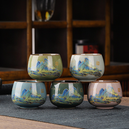 Teacup Chinese Kung Fu Tea Set Master Tea Cup Kiln Transformed Five Elements Ceramic Tea Cup Set Single Cup Creative Gift Cup
