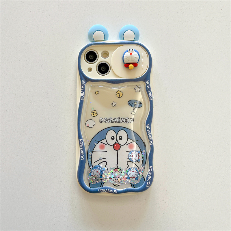 适用苹果15手机壳流沙叮当猫16趣味卡通iPhone11推拉窗立体耳朵14|undefined