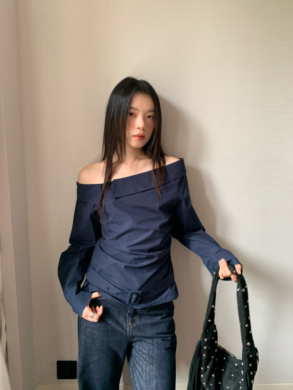 诠释美 NEWOPEN 25秋法式气质设计感长袖卷边斜肩衬衫上衣女F6223|undefined