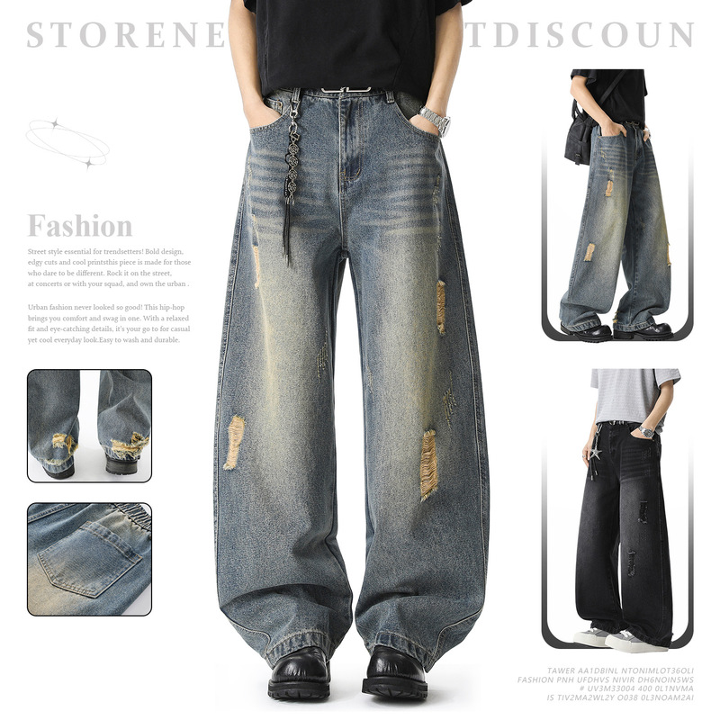Ripped Design Casual Long Pants, Loose Wide-Leg Straight Workwear Jeans, Custom-Made According to Your Drawings and Samples