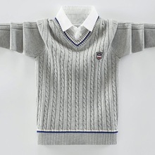 男童加绒毛衣儿童针织衫中大童套头新款男孩假两件秋冬衬衫领线衣