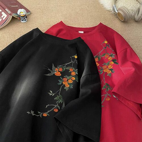 Wine Red New Chinese Style Men's Clothing Chinese Style Short Sleeve T-Shirt for Men Couple Design Sense Heavyweight 200g Summer 7/8 Sleeve