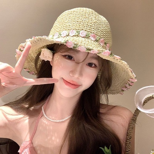 Straw-woven straw hat women's big brim summer beach vacation beach face small foldable sun protection hat