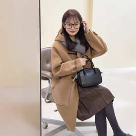 【SHISHI】新款韩系学院风皮绳翻盖兜牛角扣连帽羊毛大衣HL142