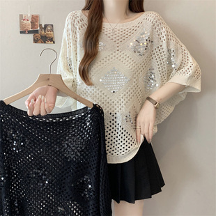 Plus Size Women's Heavy Sequin French Top 2025 Summer New Fashion for Chubby Women Hollow Knit T-Shirt