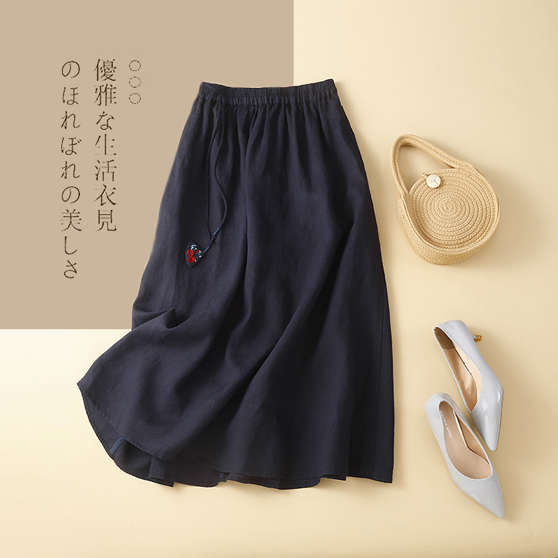2023夏の新型文芸怠惰なデザイン感綿麻スカートa字中長スカート亜麻ロングスカート女