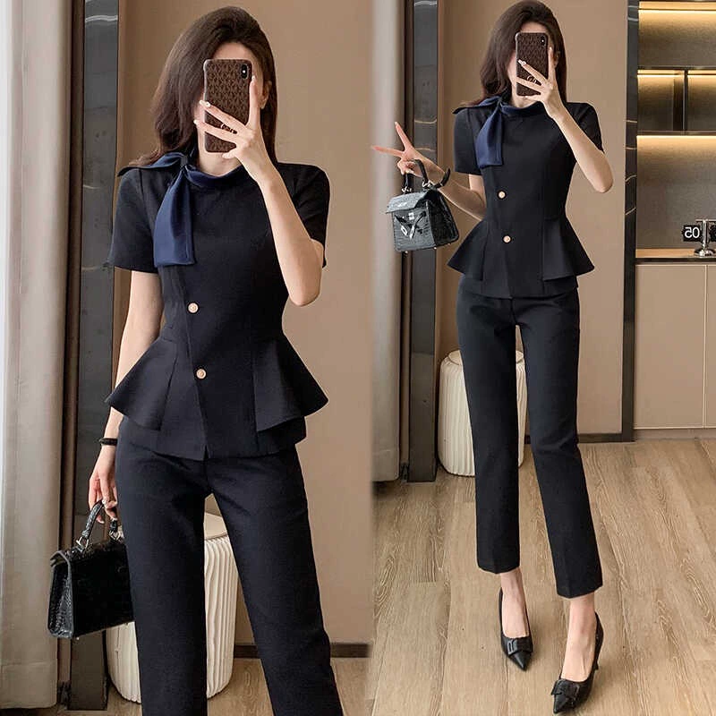 Женский летний костюм-двойка с коротким рукавом, деловой костюм для ресепшн, элегантная рабочая одежда для салона красоты класса люкс