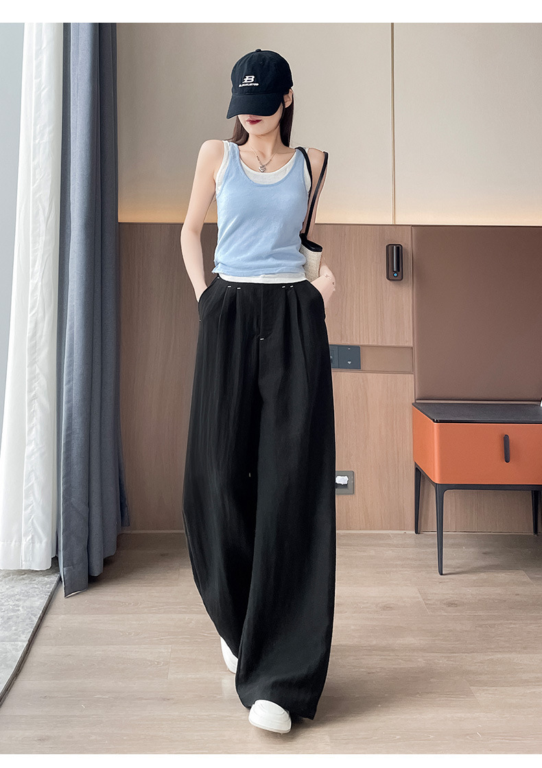 Quần ống rộng vải lụa băng đa năng nữ, phong cách sang trọng mỏng nhẹ mùa hè, quần ống đứng vải lanh Tencel — Màu xanh hải quân (kiểu thông thường) chi tiết 39