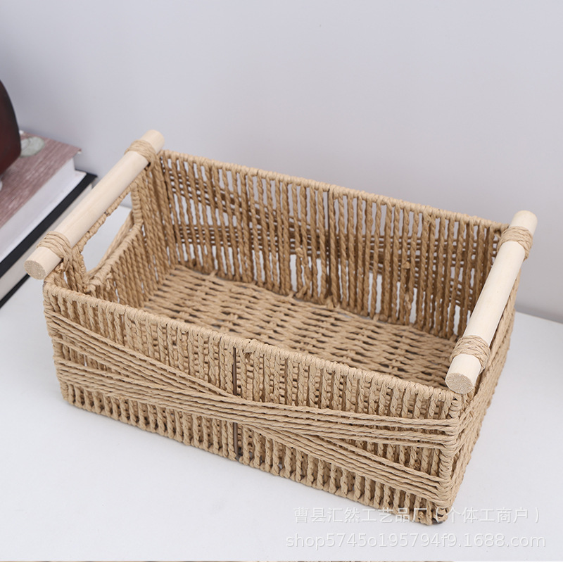 Cesta de almacenamiento de mesa tejida para el hogar al por mayor de comercio exterior con manija de madera