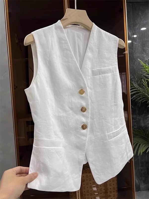 Linen Sleeveless Suit Vest Jacket Women's Spring and Summer Classy Retro Layered Collar Cotton and Linen Vest Vest Top Summer