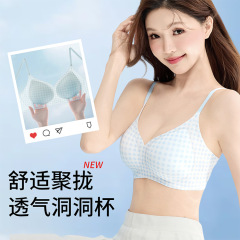 チェック柄シームレスクールアイスシルク下着女性の薄いホールカップ小さな胸プッシュアッププリントノンワイヤーソフトサポートブラジャー