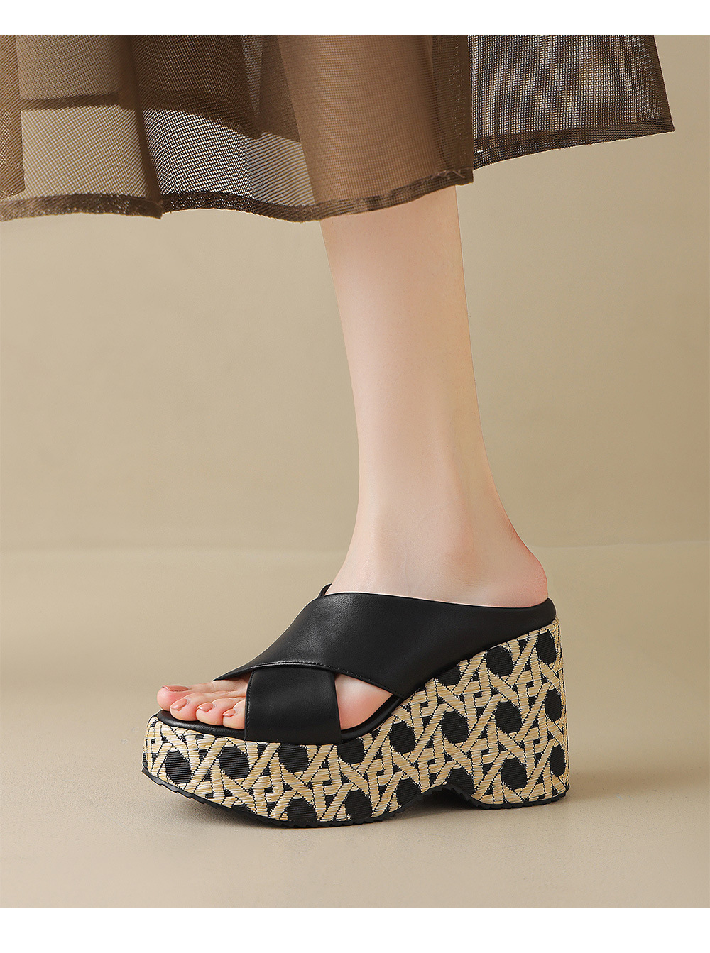 Sandal cao gót nữ quai chéo 9cm đế xuồng hở mũi — Màu đen, Màu mơ chi tiết 6