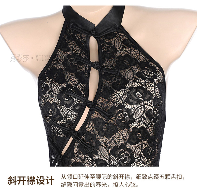 Lace Open-Neck Jumpsuit Lingerie with Matching Stockings, One Size — detail image 4