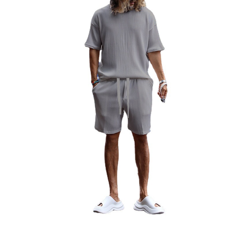 Men's Summer Vertical Stripe Lounge Set, Breathable Short Sleeve Shirt And Shorts Outfit For Vacation & Casual Wear_viptrois.com