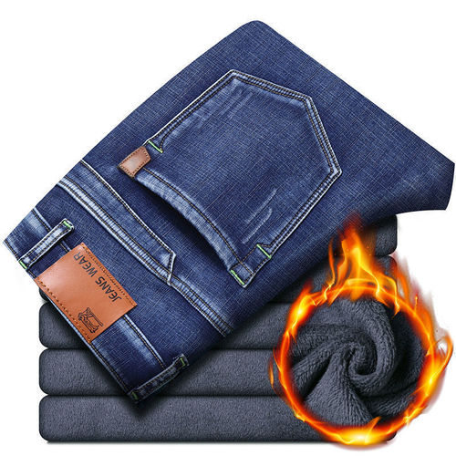 New Tang Denim Winter Fleece-Lined, Thickened Men's Straight-Style Stretchy, Warm Cotton Business-Style Men's Denim Long Pants with High Elasticity