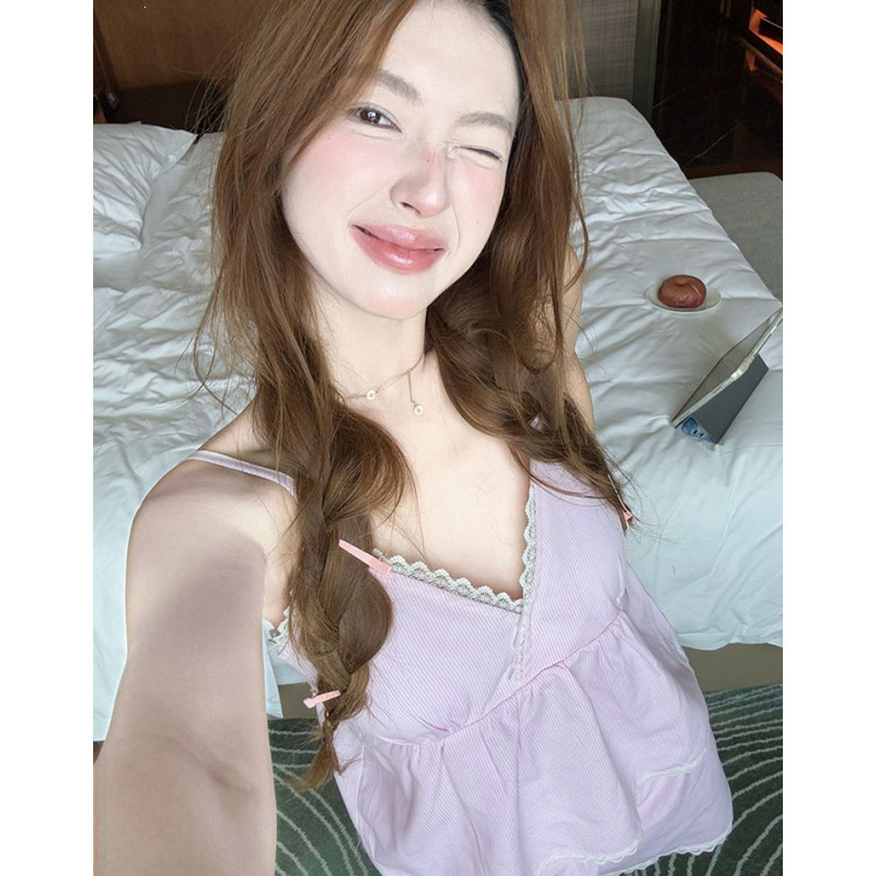 Camisole Shorts with Chest Pads, Women's Summer New Cloud Cotton High-End Pink Striped Loungewear Set