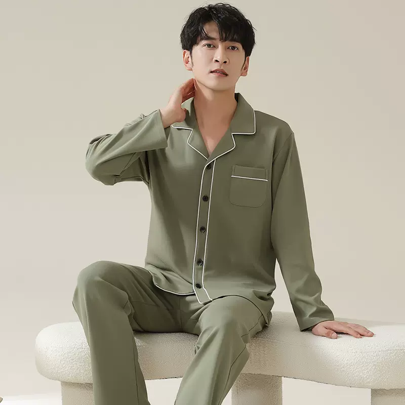 春款纯棉睡衣男款长袖休闲简约开衫家居服秋天男士大码睡衣套装