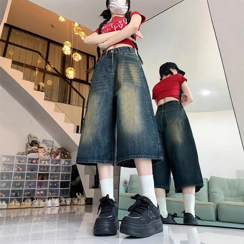 [Han Niu] Autumn High-Waisted Large Size Slimming Look Loose High Street Retro Wide-Leg Cropped Denim Pants for Women