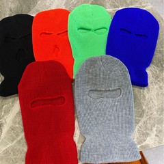 秋冬単孔両穴スキーマスクニット帽男女純色アクリル三穴ニット帽子保温冬帽