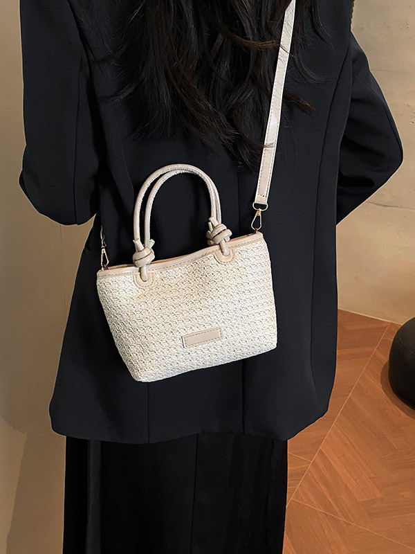 Cross-Border Retro Stitching Handbag Women's 2025 New Straw Fashion Shoulder Crossbody Bag Commuting Large Capacity