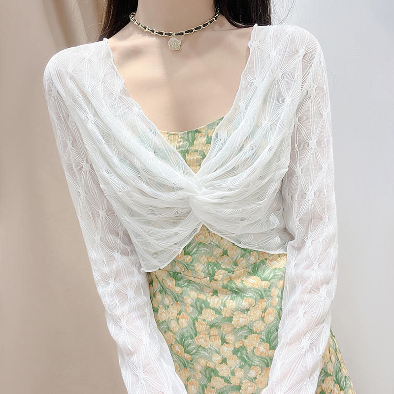 Sunscreen Shawl Lace Base Shirt Women's Summer Sling Skirt Overshirt Short Gauze Hollow Mesh Top Thin Sunscreen Shawl Lace Base Shirt Women's Summer Sling Skirt Overshirt Short Gauze Hollow Mesh Top Thin